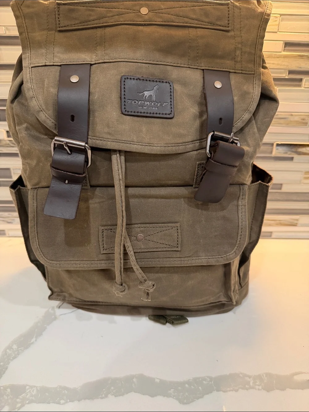Topwolf Olive Canvas Backpack with Brown Leather Straps